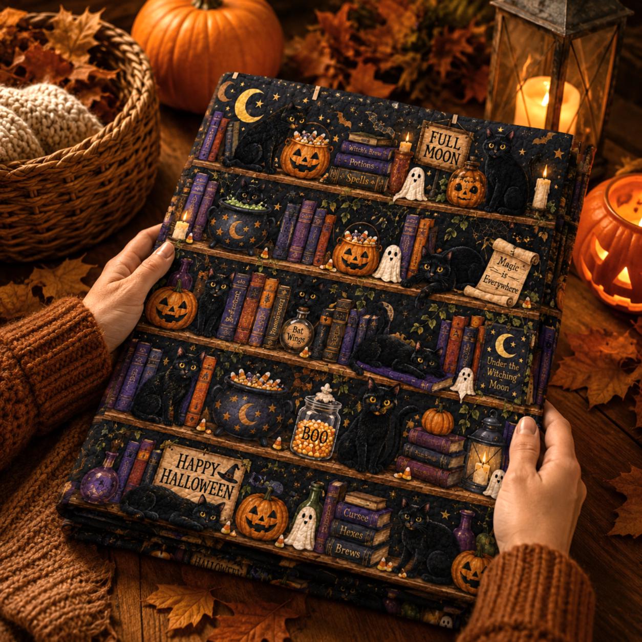 Black Cat Halloween Quilt Blanket, Witchy Library Bookshelf Spooky Season Blanket, Pumpkin Cat Ghost Patchwork Quilt, Fall Cozy Decor