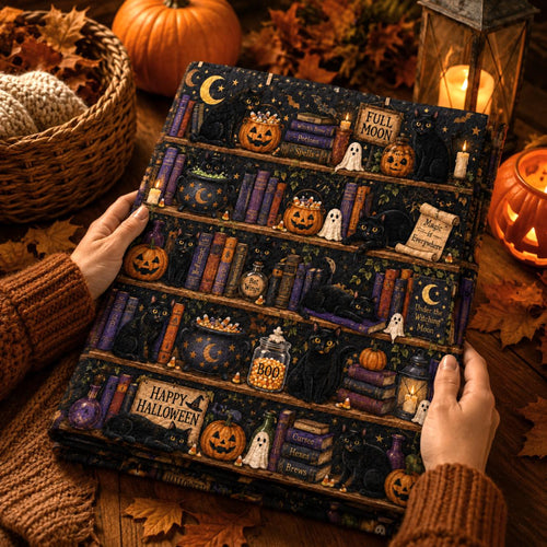 Black Cat Halloween Quilt Blanket, Witchy Library Bookshelf Spooky Season Blanket, Pumpkin Cat Ghost Patchwork Quilt, Fall Cozy Decor
