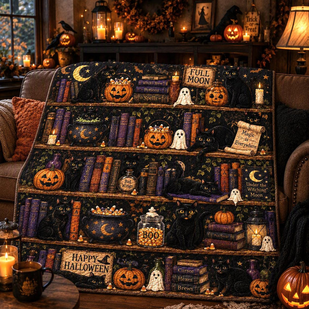 Black Cat Halloween Quilt Blanket, Witchy Library Bookshelf Spooky Season Blanket, Pumpkin Cat Ghost Patchwork Quilt, Fall Cozy Decor