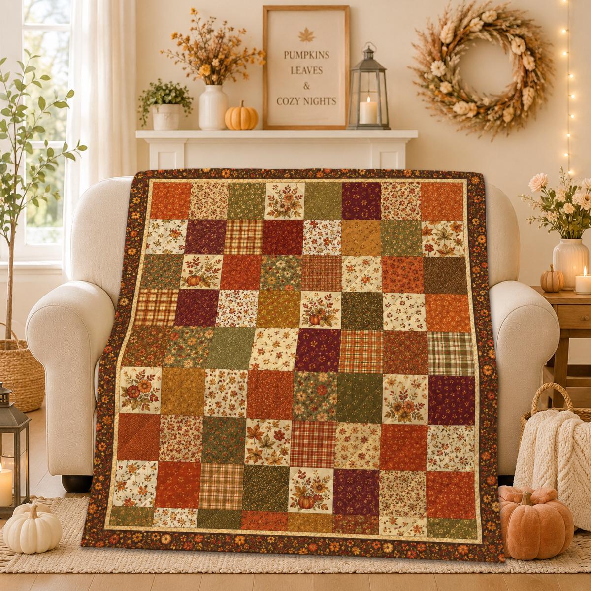 Autumn Patchwork Quilt, Fall Floral Blanket, Pumpkin Cottage Throw