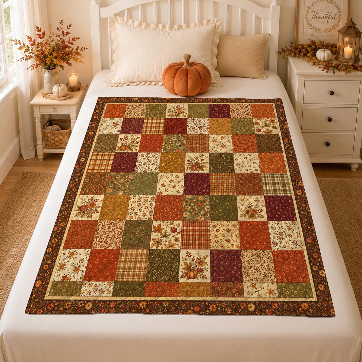 Autumn Patchwork Quilt, Fall Floral Blanket, Pumpkin Cottage Throw