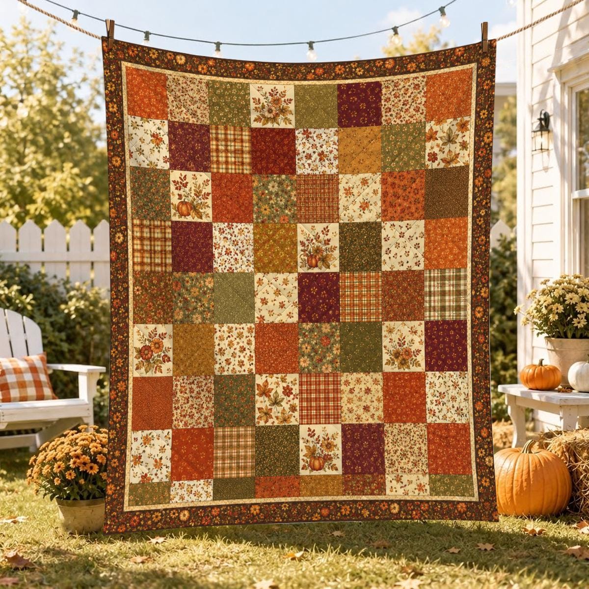 Autumn Patchwork Quilt, Fall Floral Blanket, Pumpkin Cottage Throw