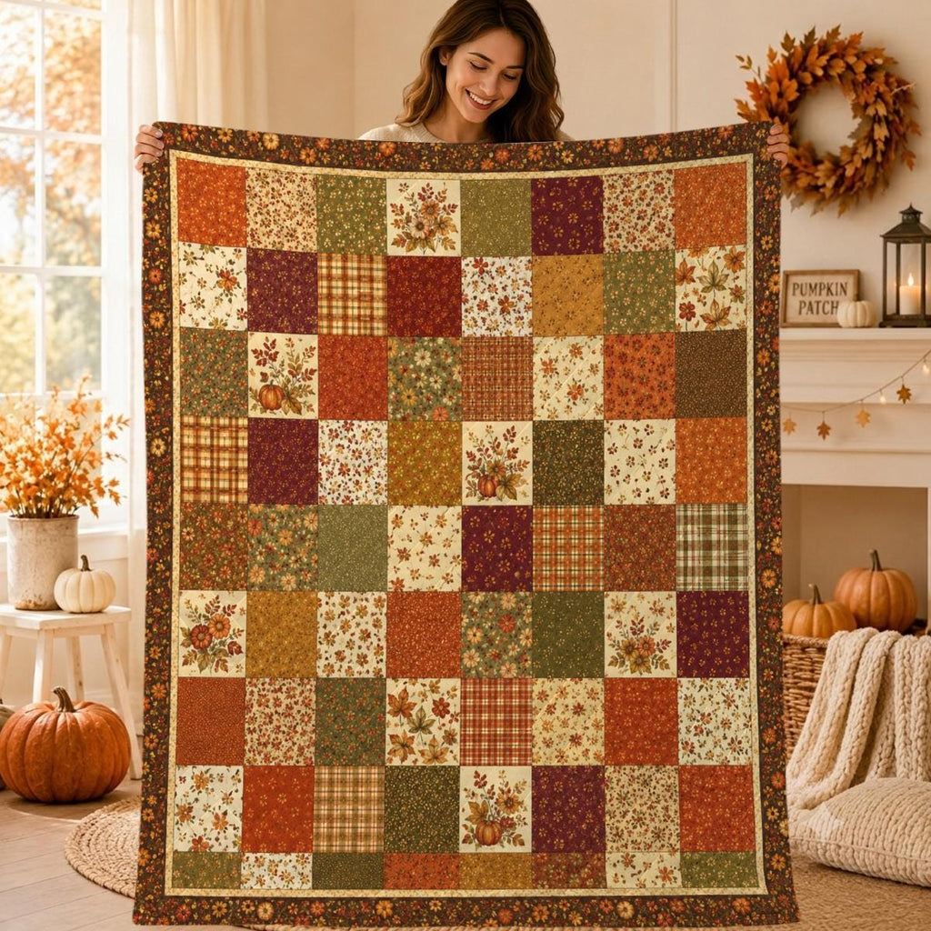 Autumn Patchwork Quilt, Fall Floral Blanket, Pumpkin Cottage Throw