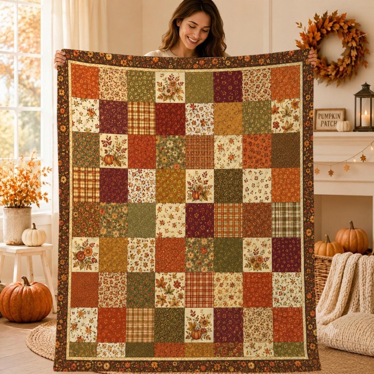 Autumn Patchwork Quilt, Fall Floral Blanket, Pumpkin Cottage Throw