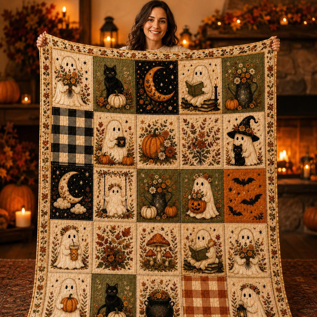 Ghost Blanket Halloween Quilt Blanket, Cute Ghost Throw, Black Cat Bedding, Pumpkin Blanket, Spooky Cozy Fall Decor, Autumn Layering Blanket