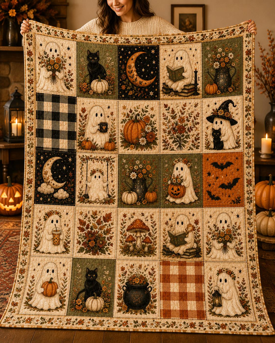 Ghost Blanket Halloween Quilt Blanket, Cute Ghost Throw, Black Cat Bedding, Pumpkin Blanket, Spooky Cozy Fall Decor, Autumn Layering Blanket