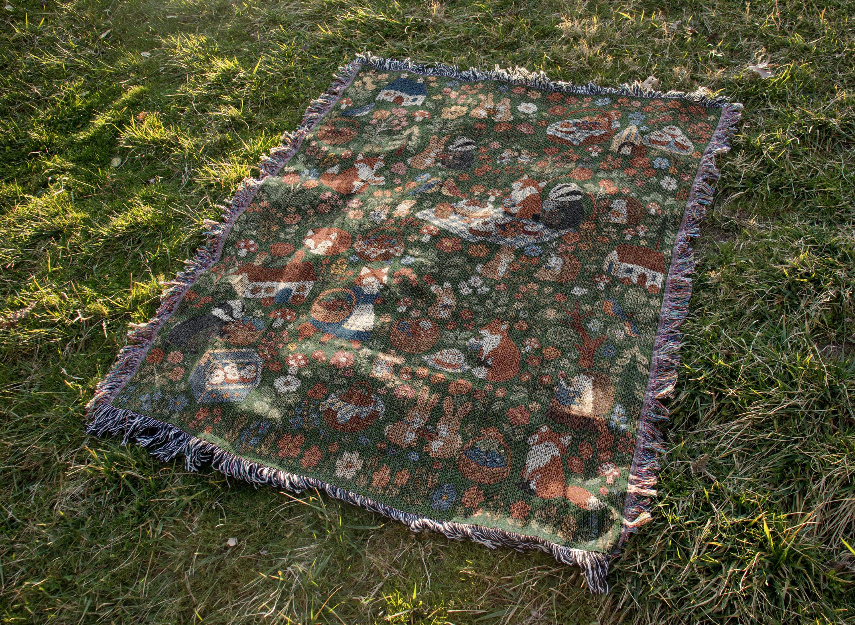 Woodland Picnic Woven Blanket Cottagecore Forest Animal Throw Vintage Storybook Fox Bunny Badger Floral Cotton Tapestry Blanket