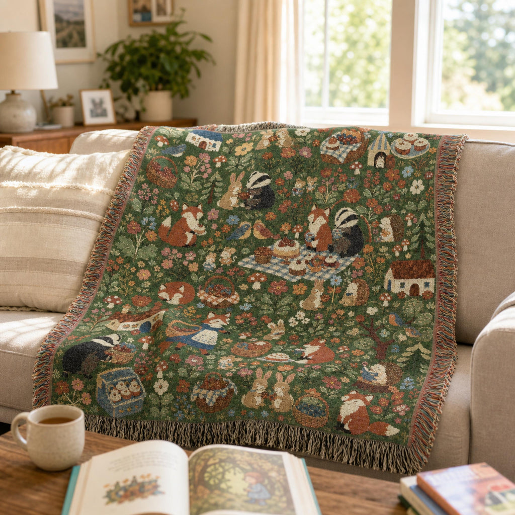 Woodland Picnic Woven Blanket Cottagecore Forest Animal Throw Vintage Storybook Fox Bunny Badger Floral Cotton Tapestry Blanket
