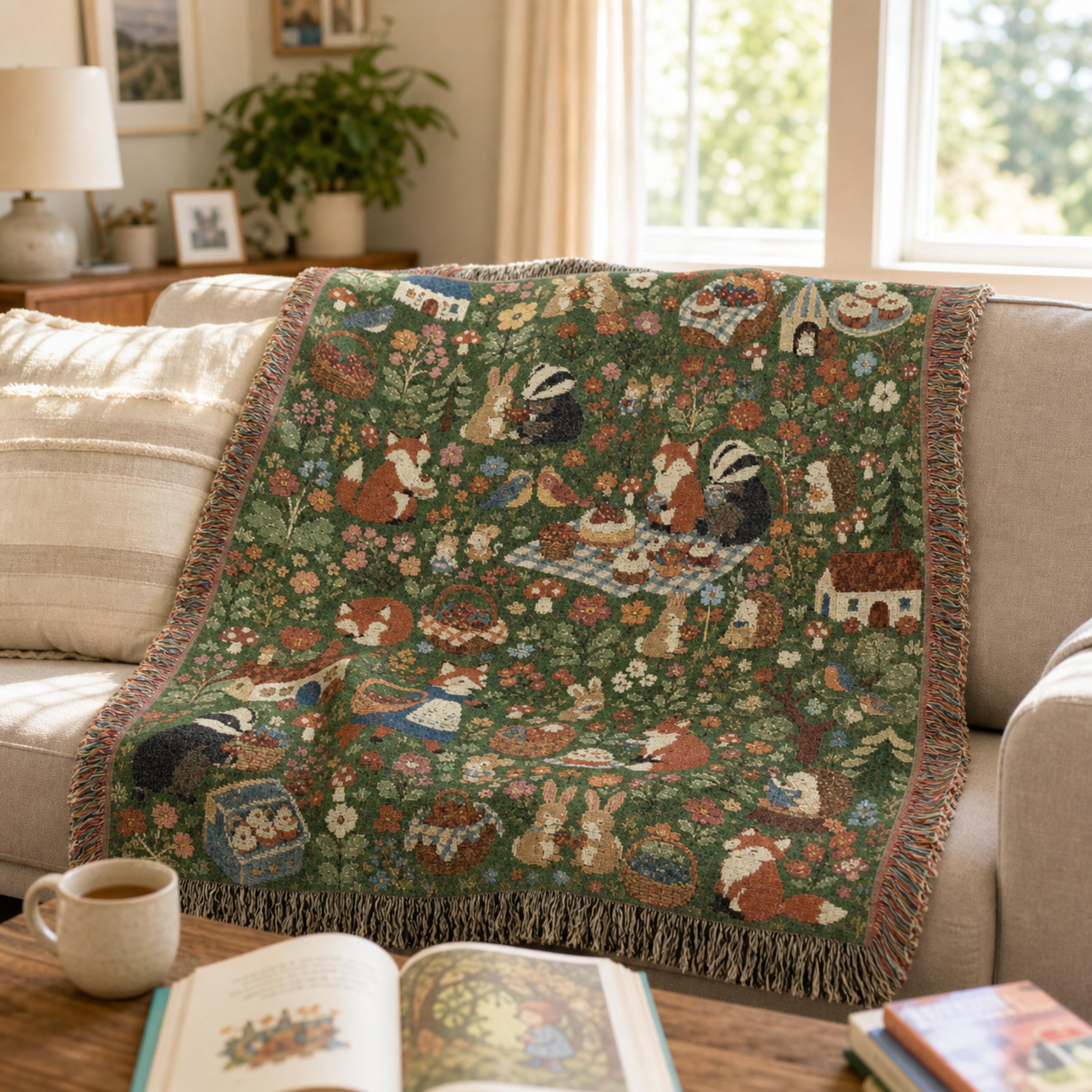 Woodland Picnic Woven Blanket Cottagecore Forest Animal Throw Vintage Storybook Fox Bunny Badger Floral Cotton Tapestry Blanket
