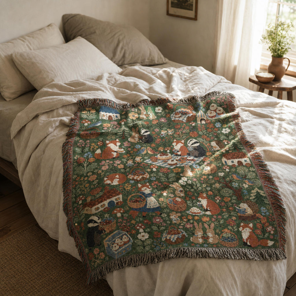 Woodland Picnic Woven Blanket Cottagecore Forest Animal Throw Vintage Storybook Fox Bunny Badger Floral Cotton Tapestry Blanket