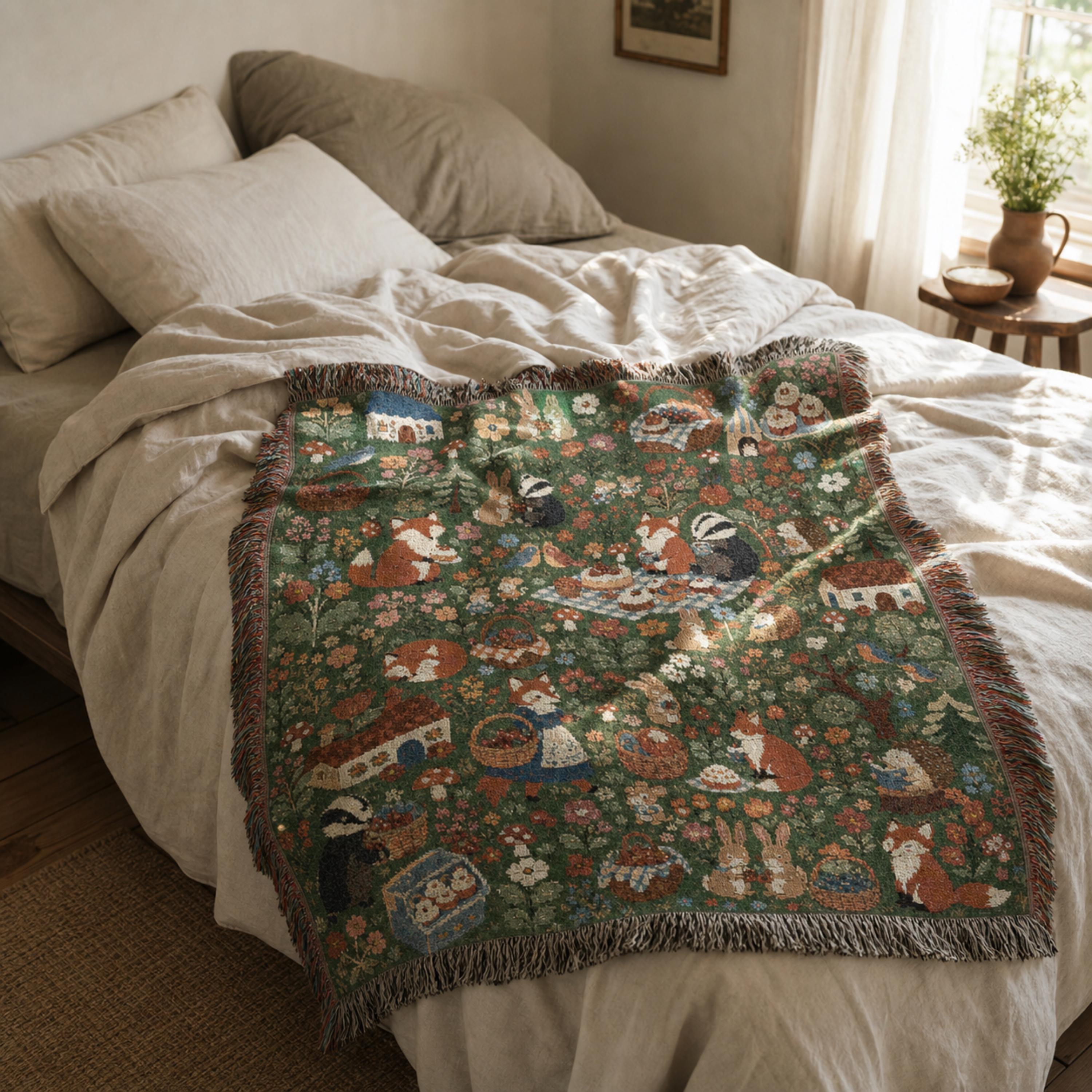 Woodland Picnic Woven Blanket Cottagecore Forest Animal Throw Vintage Storybook Fox Bunny Badger Floral Cotton Tapestry Blanket
