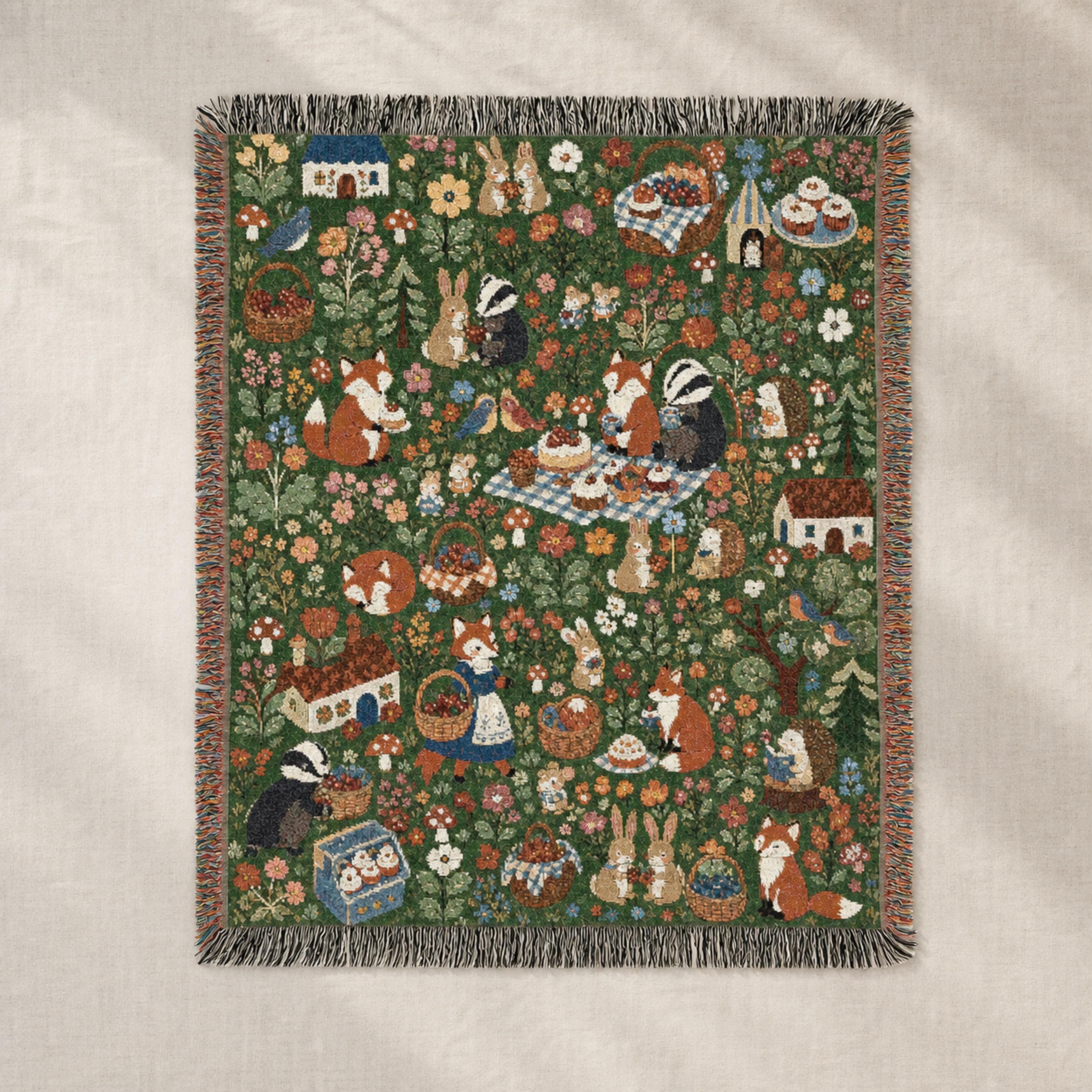 Woodland Picnic Woven Blanket Cottagecore Forest Animal Throw Vintage Storybook Fox Bunny Badger Floral Cotton Tapestry Blanket