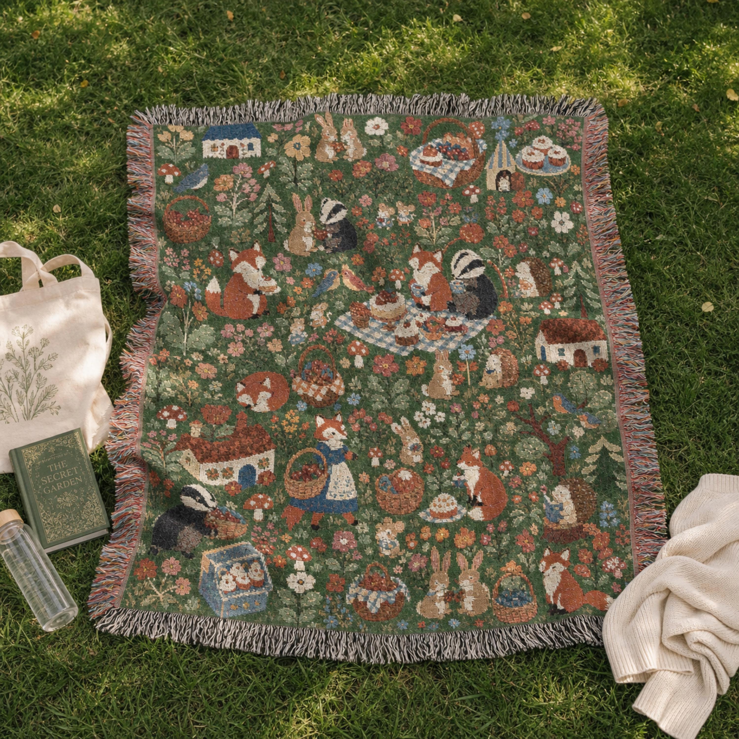 Woodland Picnic Woven Blanket Cottagecore Forest Animal Throw Vintage Storybook Fox Bunny Badger Floral Cotton Tapestry Blanket