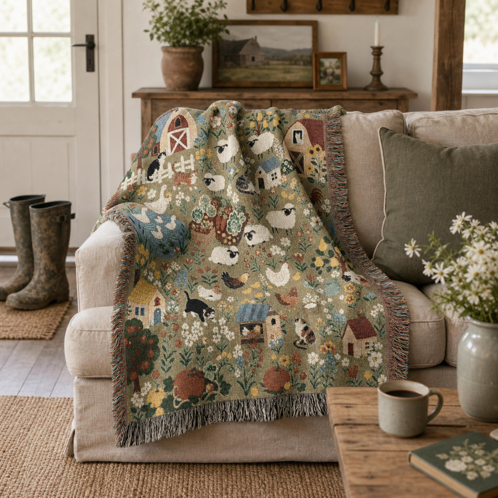 Farmhouse Animals Woven Blanket Cottagecore Sheep Barn Throw Rustic Country Farm Cotton Tapestry Blanket Cozy Cottage Decor