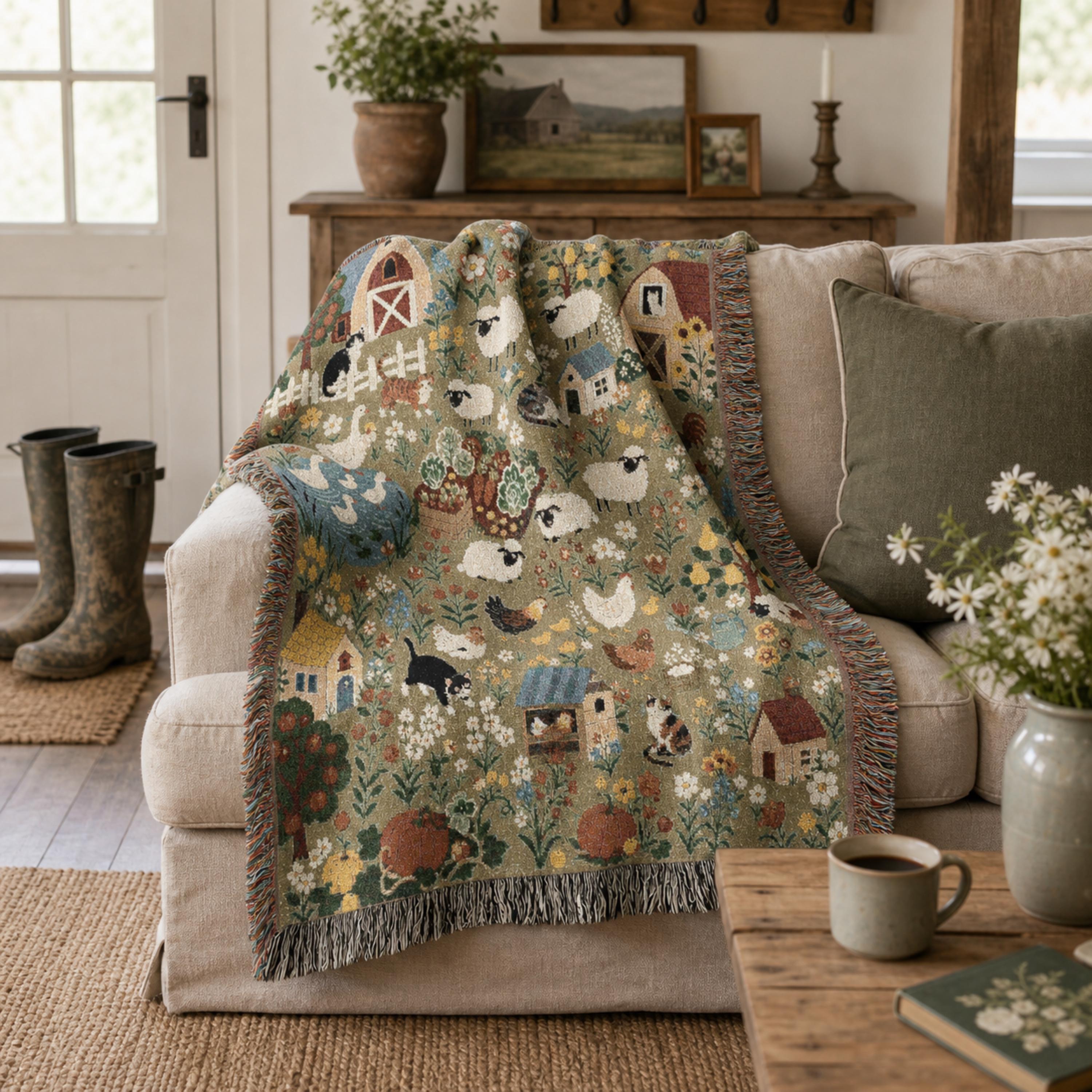 Farmhouse Animals Woven Blanket Cottagecore Sheep Barn Throw Rustic Country Farm Cotton Tapestry Blanket Cozy Cottage Decor