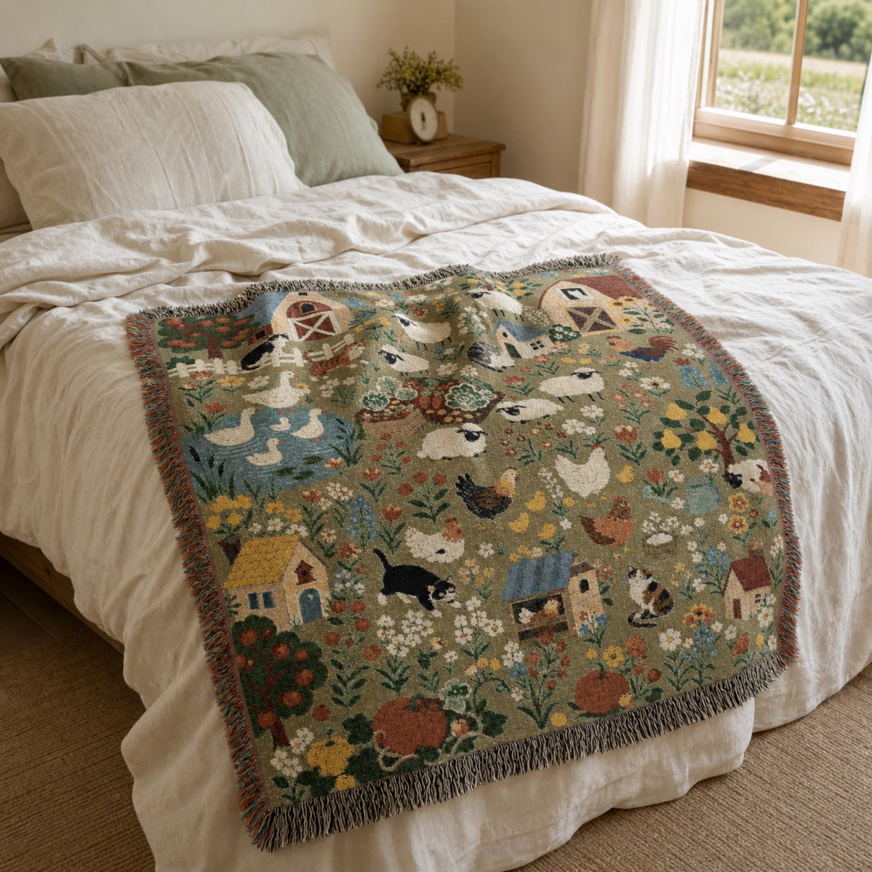 Farmhouse Animals Woven Blanket Cottagecore Sheep Barn Throw Rustic Country Farm Cotton Tapestry Blanket Cozy Cottage Decor
