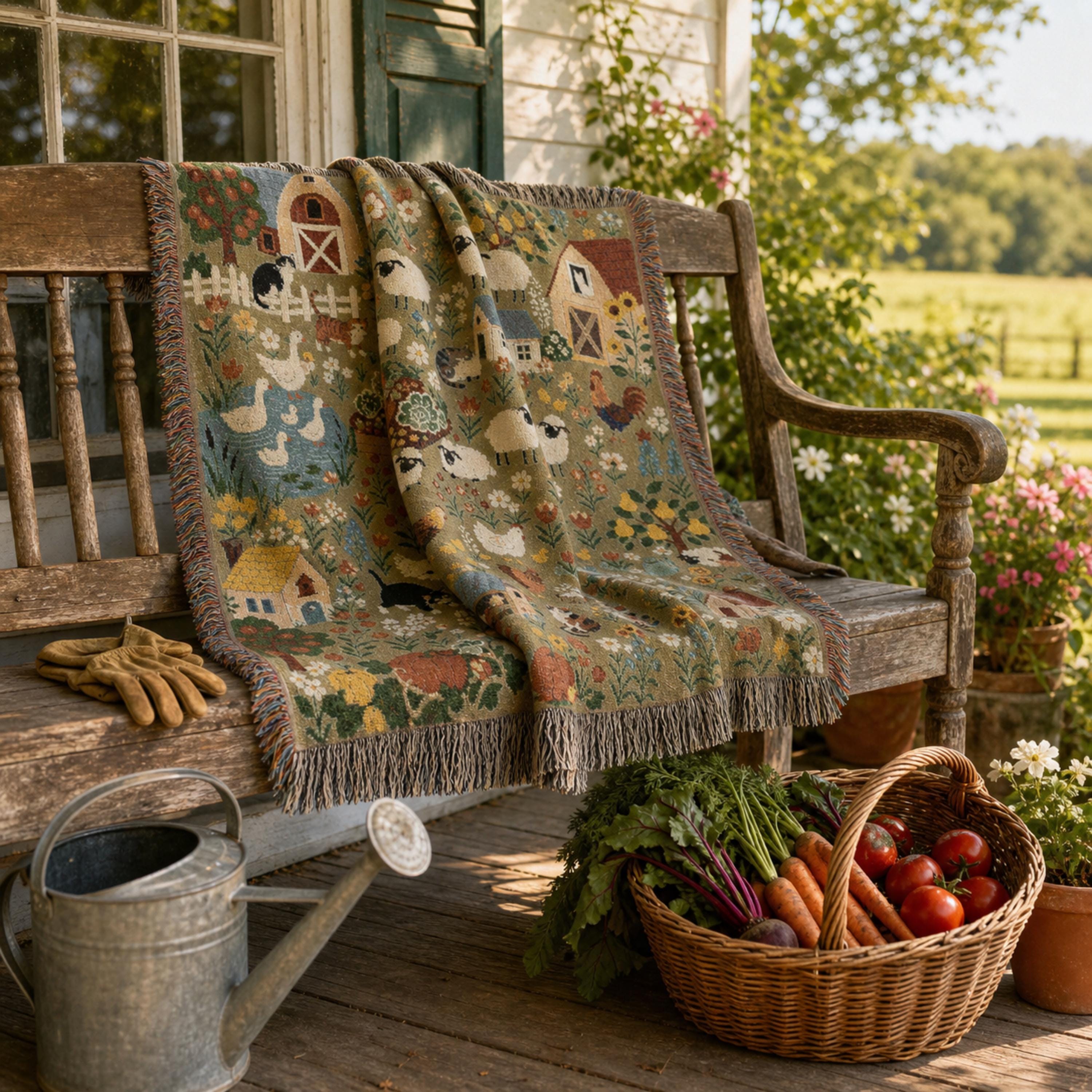 Farmhouse Animals Woven Blanket Cottagecore Sheep Barn Throw Rustic Country Farm Cotton Tapestry Blanket Cozy Cottage Decor