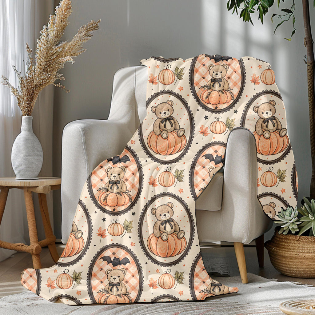 Pumpkin Teddy Bear Pattern Velveteen Plush Blanket | Fall Halloween Throw