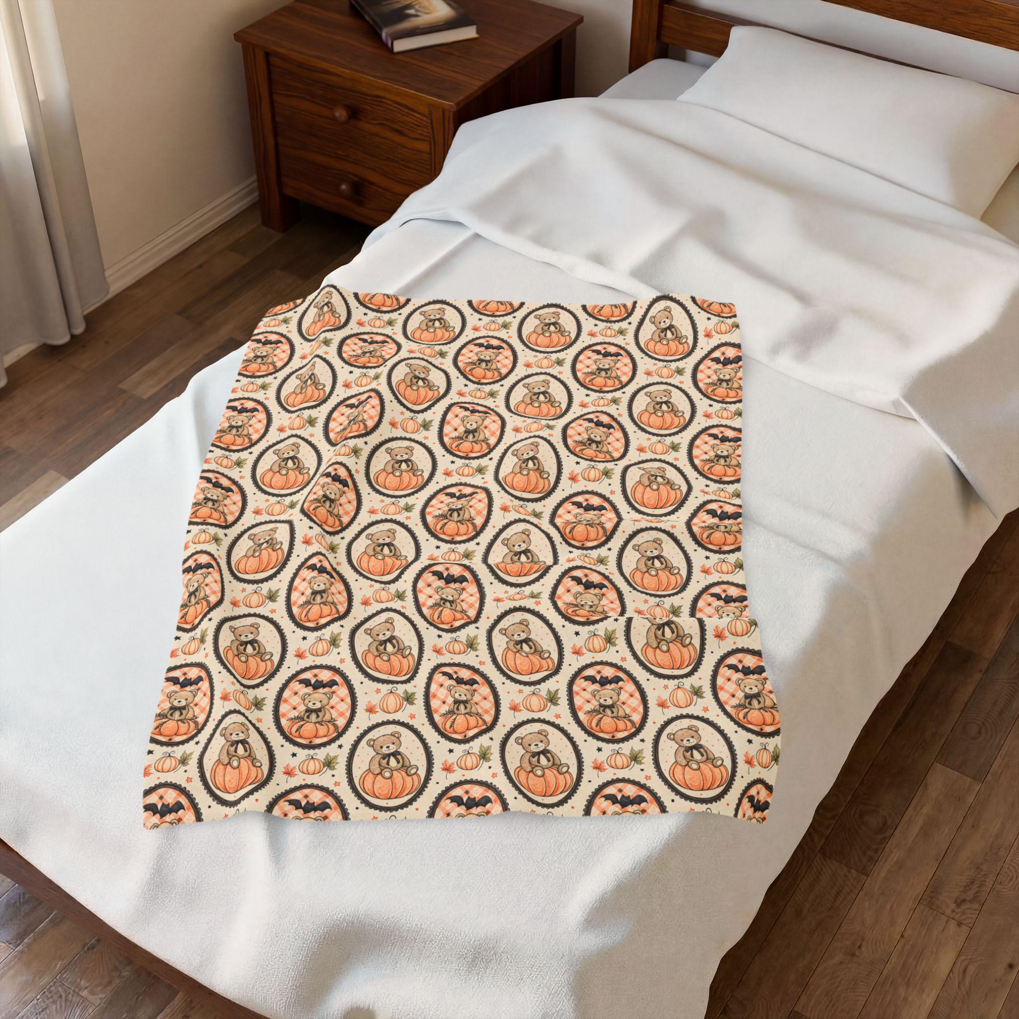 Pumpkin Teddy Bear Pattern Velveteen Plush Blanket | Fall Halloween Throw