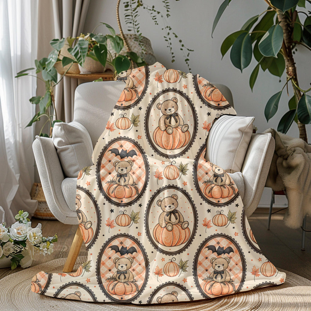 Pumpkin Teddy Bear Pattern Velveteen Plush Blanket | Fall Halloween Throw