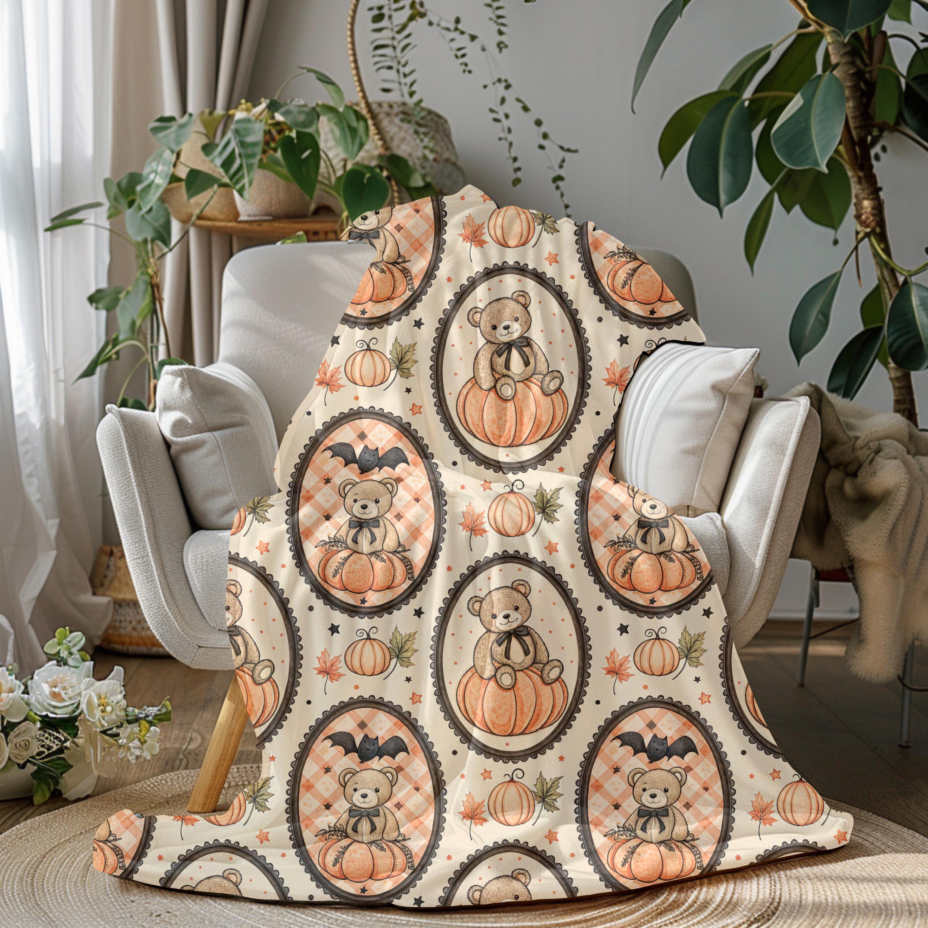 Pumpkin Teddy Bear Pattern Velveteen Plush Blanket | Fall Halloween Throw